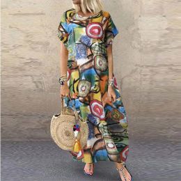 Dress 2023 Woman Summer Beach Dress Ethnic Style Cotton Linen Short Sleeve Printed Long Dress Casual Loose Party Dresses For Female