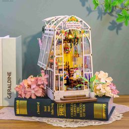 Architecture/DIY House DIY Wooden Book Nook Shelf Insert Miniature Building Kits Flower Garden Room Bookshelf with LED Lights Bookends Friends Gifts