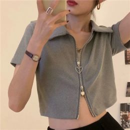 Shirts Women High Street Zip Up Design Tshirt Summer Korean Fashion Solid Polo Neck Slim Short Sleeve Top Girl Y2k Sexy Harajuku Tees