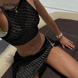 Dresses Sexy Women Solid Tank Top Split Skirt Home Wear Sets Summer Hollow Out Loose Pullover Short Top Fashion Pyjamas Set Dropshipping