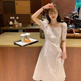 Dress Summer Dress Women Lovely French Floral Holiday Square Collar Retro Girls Sundress Simple Empire Short Sleeve Ladies Vestido New