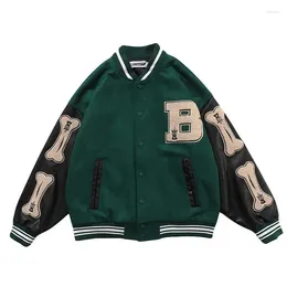 Men's Jackets Vintage Bone Varsity Jacket Men Leather Sleeve Plush Letterman Women's Bomber Hip Hop Coat Baseball Oversize Green Purple