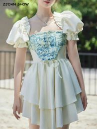 Dress Sweet Princess Women White Cotton Puff Sleeve Ball Gown Dress Asymmetry Mini Robe Cross Lacing Up Bandage Camis Corset Crop Top