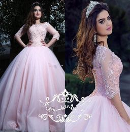 Modest Pink Ball Gown Quinceanera Dresses Bateau Neck 34 Long Sleeves Appliques Lace Tulle Corset Lace Up Sweet 16 Dresses Prom D5394564