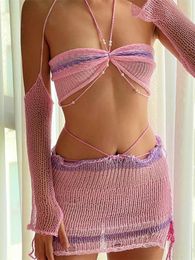 Women Y2K Aesthetic Knitted Two Piece Set Halter Crop Tops Oversleeves Cut Out Mini Skirts Summer Beach Grunge Sexy Clubwear 240304