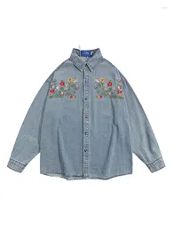 Women's Blouses Women Baggy Casual Retro Floral Embroidery Cosy Shirt 2024 Lapel Long Sleeve Female Denim BF Vintage Oversize Chic