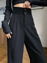 Capris Black Suit Pants for Women Korean 2 Buttons Wide Leg Trousers Vintage Streetwear High Fashion Office Ladies Work Pants