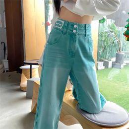 Jeans Fashion High Waist Green Denim Pants Women Streetwear Casual Loose Straight Trousers Female Double Button Jeans Wide Leg Pants