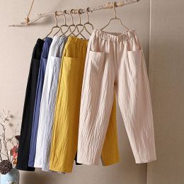 Pants ZOKI Summer Cotton Linen AnkleLength Pants Casual Double Pockets Harem Pants Elastic High Waist Fashion Ladies Trousers New