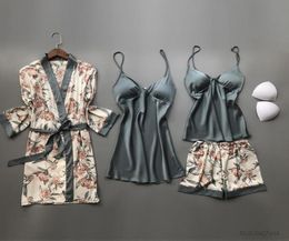 Women039s Sleepwear Summer Satin 4 Pieces Robe Sets Faux Silk Kimono Pyjamas For Women Flower Print Sexy Plus Size Nightgowns S8104602