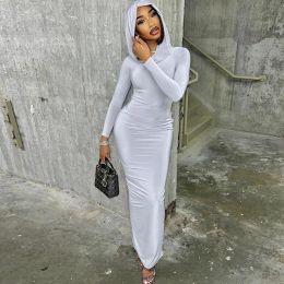 Dresses Women Vintage Long Sleeve Hooded Maxi Dress Elegant Slim Fit Casual Slit Robe 2023 Spring Fall Haruku Party Y2k Clothes