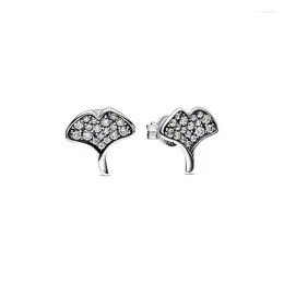 Stud Earrings Real 925 Sterling Silver Clear CZ Gingko Leaf Sparkling For Women Original Jewelry Ear Brincos Wholesale