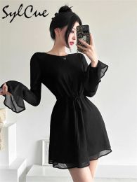 Dress Sylcue Party Queen Black Mysterious Sexy Mature Beautiful Confident Personality Women's Long Sleeve Pleated Backless Dress