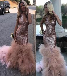 2020 New Sexy Black Girls Mermaid Pink Prom Dresses Sequined African Ruffled Train Long Formal Evening Party Gowns vestido de gala2793487