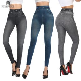 Leggings Faux Denim Jeans Leggings High Waist Fashion Slim Women Seamless Leggings Sexy Long Printing Fitness Legging Casual Pencil Pants