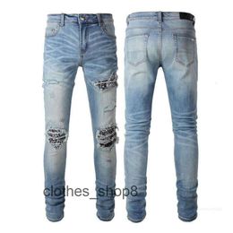 Denim Amirs Jeans Designer Pants Man Fall Hot Drilled Hole Washed Slim Fit Patch Fashion Brand Elastic I6M2