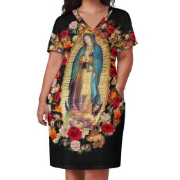 Dresses Virgin Mary Mexico Dress Short Sleeve Catholic Saint Trendy Dresses Women Street Fashion Print Casual Dress Plus Size 3XL 4XL