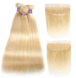 Ishow Brazilian Hair Straight Human Hair Bundles Extensions 3pcs with Lace Frontal Closure 613 Blonde Colour Weft Weave for Women A6905985