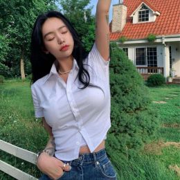 Shirt Shirts Formal White Y2k Short Slim Crop Tops Dress Camisa Women Turn Down Collar Summer Chemises Femme Preppy Style