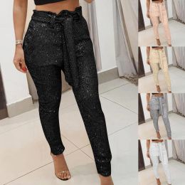 Capris Women Fashion Sexy Sequined Shiny Casual High Waist Stretch Harem Pants Pencil Pants Animal Print Pants for Women