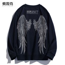 Men's Hoodies Sweatshirts Autumn European and street hip-hop heavy industry hot stamping diamond big wing hoodie for men and womens loose fitting high street couple