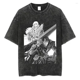 Mens t Shirts Anime Graphic T-shirt for Men Women Vintage Black Washed Cotton Tees Tops Oversized Tshirt Harajuku Gothic Streetwear Outfits