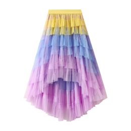 skirt Irregular Mesh Cake Skirts High Waist Gradient Rainbow Tulle Long Skirt New Beautiful High Waist Maxi Tiered Tutu Jupe Faldas