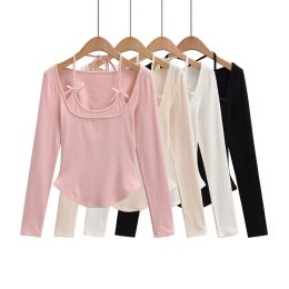 T-Shirts Sexy long sleeve tops white korean fashion halter top cropped fake 2 pieces Fall outfits women t shirts crop top pink bow tie