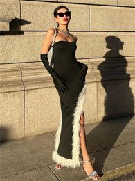 Casual Dresses Tossy Black Patchwork With Gloves Maxi Dress Female Elegant Fur Feather Slim Off-Shoulder Side Split Bandeau Long