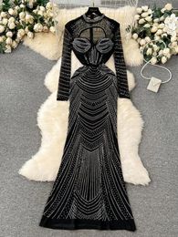 Casual Dresses Autumn Retro Fashion Black Hollowed Out Long Dress High Quality O Neck Sleeve Women Mesh Sheer Diamonds Party Evening