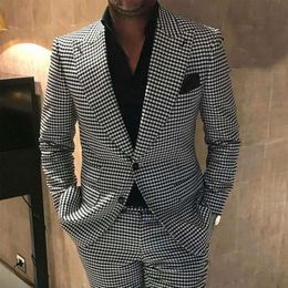 Plaid Men Suits for Wedding 2 Piece Houndstooth Checkered Groom Tuxedos Male Fashion Clothes 2024 Costumes Set Jacket with Pants