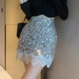 skirt Rimocy Sexy Silver Sequin Skirt Woman Lace Patchwork High Waist Mini Skirts for Women Shiny Party Night Club Dance Skirt Ladies