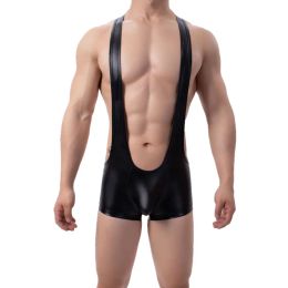 Swimwear Mens Onepiece Swimsuit Fashion Sexy Bodysuit Sleeveless High Cut Wetlook Faux Leather Stretch Leotard Unitard Bathing Suit