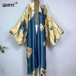 Swimwear WINYI kimono Europe summer boho print Bikini Coverup Elegant fashion Cardigan sexy Holiday long Sleeve silk feeling maxi dress