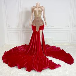 2024 Velvet Red Prom Dresses Mermaid Plus Size Evening Dresses Sheer Neck Side Split Rhinestones Decorated Birthday Dress For African Black Women Girls NL612