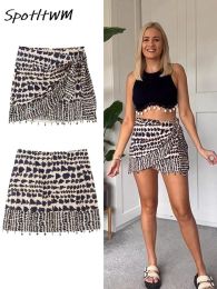 Dresses Vintage Geometric Print Mini Sarong Skirts Tassel Beading Front Knotted Zipper Short Skirt 2023 Female Skinny Casual Vestidos