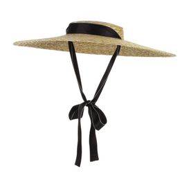 New Large Brim Straw Hat Summer Hats For Women Ribbon Beach Cap Boater Flat Top Sun Hat308B