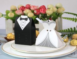 Favour Holders Creative Tuxedo bridal Dress candy box 100pcs bulk Chocolate Gift Box Bonbonniere wedding card with ribbon3931574