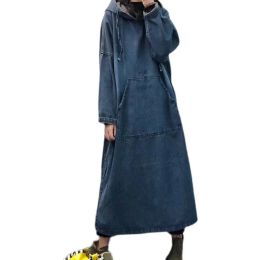 Dress Autumn Winter Women Hooded Denim Dresses Vintage Loose Casual Streetwear Pocket Cowboy Long Dresses New Fashion Robes Korea 2023