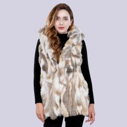 Fur Hot Sale 100%Real Fur Vest Winter Women Genuine Rabbit Fur Outerwear Hooded Fashion Natural Rabbit Fur Waistcoat Custom Any Size