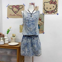 Basic Casual Dresses Micro Flawless Millennium Y2K Love Beaded Sleeveless Denim Dress Vintage Spicy Girl Summer Versatile 2210