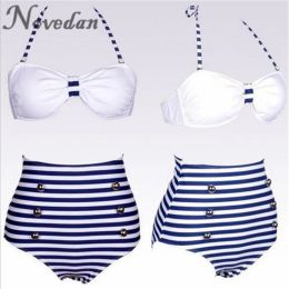 Set Women's Vintage Retro Halter Navy Blue Stripe Sailor Bikini Set Swimsuit Swimwear Bathing Suit Beach Wear High Waist Bikinis