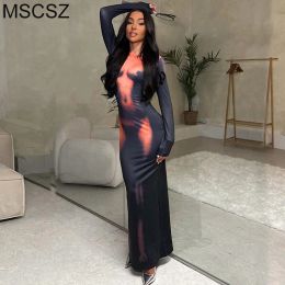 Dress Naked Body Print Sexy Dress For Women ONeck Long Sleeve Bodycon Maxi Dress Black Long Club Party Dress Y2K