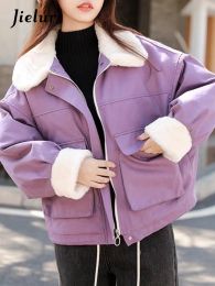 Parkas Jielur Spell Color Casual Winter Women Parkas Fashion Simple Chic Zipper Pockets Purple Pink Blue Black Female Parkas Streetwear