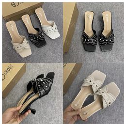 Summer New Luxury Dress Shoes Punk Square Head Middle Heel One line Rivet Slippers Women's Thin Heels Wearing Open Toe Sandals Outside High Heels 5CM Rubber Sole