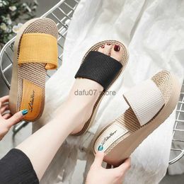 Slippers Summer New Womens Slope Heel Imitated Grass Woven Hemp Sole Tourism Sandals Wearing One Line Trailer High Beach FashionH240306