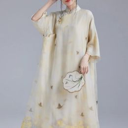 Dress Chinese Style Improved Hanfu Butterfly Printed Party Prom Dress Women Retro Stand Collar Two Layer Elegant Loose Midi Dress