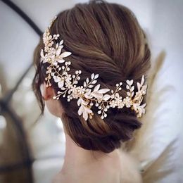 Baroque Gold Color Champagne Crystal Leaf Headbands Wedding Crown Hair Accessories Band Tiara Floral Headpiece Jewelry 240306