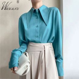 Shirt Women's Pointed Collar Blouses French Style Luxury Design Shirt 2023 Spring Summer Tops Long Sleeves Chic Fashion Blue Blusas