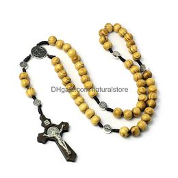 Pendant Necklaces 10Mm Wood Beads Rosary Cross Necklace For Women Men Christian Virgin Mary Inri Pendant Chain Fashion Relin Jewelry D Dhaz3